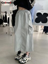 Skirts Yitimuceng Cargo Long for Women Vintage Streetwear Drawstring Split High Waist Loose Mid Calf Y2k Skirt 230503