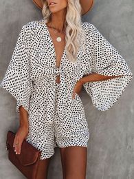 Women's Jumpsuits Rompers Foridol Leopard Print Bowknot Wide Leg Romper Overalls Casual Loose Summer V Neck Playsuits Short Jumpsuits Pockets 230504