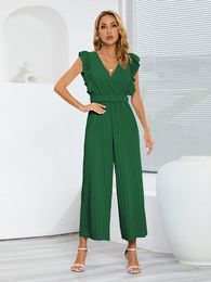 Women's Jumpsuits Rompers M Sexy Slim Jumpsuits High Waist Sleeveless Ruffle V Neck Pleated Wide Leg Pants Women For Fashion 230504