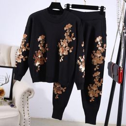 Women's Two Piece Pants Black Knitted Set Women Sequins Gold Leaf Knitting Pullover Sweater Pencil Outfits Female Loose Sports Suit 2pc