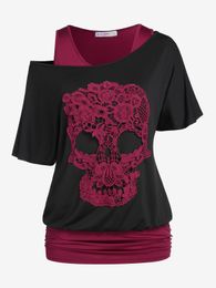 T-Shirts Women's Skew Neck Skull Lace Gothic Tee and Ruched Blouson Tank Top Set Or Light Blue Contrast Lace Panel Cutout TShirts 4XL