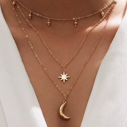 Chains HuaTang Classical Star Moon Pendant Neckalce For Women Charms Multi-layer Geometry Alloy Metal Chain Adjustable Jewellery Collar