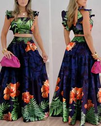 Two Piece Dress Tropical Print Shirred Crop Top Skirt Set 230504