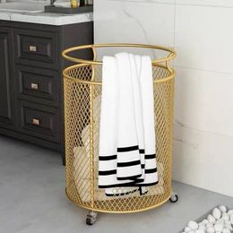 Organisation Metal Wheel Basket Gold Colour Dirty Clothes Storage Handle Laundry Basket with Wheels Home Creative Organiser for Clothes Toys