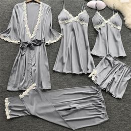 Women's Sleepwear Women Satin Sleepwear Thin 5 Pieces Pyjamas Sexy Lace Pyjamas Sleep Lounge Pijama Silk Night Home Clothing Pyjama Suit 230503