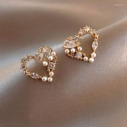 Stud Earrings Heart Hollow Out Small Pearl Silver Colour Needle Sweet Girl Gift Gold For Women Wedding Engagement