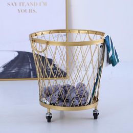 Organisation Creative Golden Iron Laundry Basket with Wheels Hollow Handle Metallic Lacquered Dirty Clothes /Toy Storage Box Home Organiser