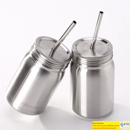 500ml 700ml Single Double Layer Mugs Stainless Steel Mason Tumbler Jar with Straw and Leak Proof Lid Water Bottle Cupa33