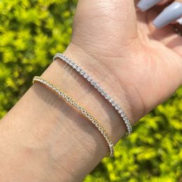 100% S925 Sterling Silver Tennis 2mm Iced Out Chain Bracelets for Women Girls Luxury Round 5A Cubic Zirconia Bling Hip Hop Wedding Jewelry Gift 6.3 7Inches