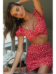 Two Piece Dress Summer Women Sets Boho Floral Skirts Ladies Short Sleeve V Neck Crop Tops Blouse and Mini Skirt Harajuku 230504