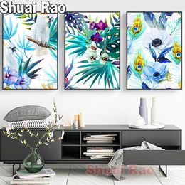 Stitch Water color Parrot Llant Leaves and Flowers Diamond Embroidery Full Round Square Diamond painting 3 piece Landscape Art Triptych