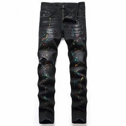 Men's Jeans High Quality Men Casual Black Jeans Paint Slim Straight Hole Biker Jeans Autumn Jean Homme Male Denim Pants Plus Size 42 230503