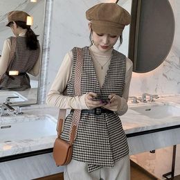 Waistcoats Vests Women Houndstooth Vintage Street Style Chic Fashion Outwear Casual Autumn Sleeveless Woollen Jacket Cardigan Coat For Women