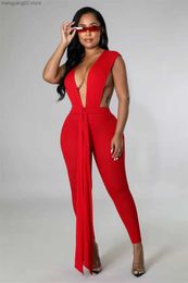 Women's Jumpsuits Rompers Echoine Summer Design V-neck Skinny Jumpsuit for Women Lace Up Strings Backless Rompers Ribbed Sexy Bodycon Overalls 2022 Women T230504