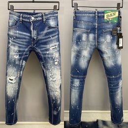 2023 New Men Jeans Hole Light Blue Dark Grey Italy Brand Man Long Pants Trousers Streetwear denim Skinny Slim Straight Biker Jean for D2 Top quality 28-38 Size A6031