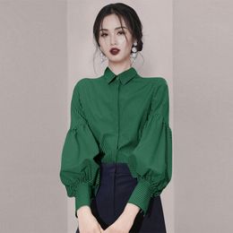 Women's Blouses & Shirts Vintage Blouse Women 2023 Freach Elegant Fashion Lantern Sleeve Shirt Lady Loose Striped Tops Green Button Up 6194W