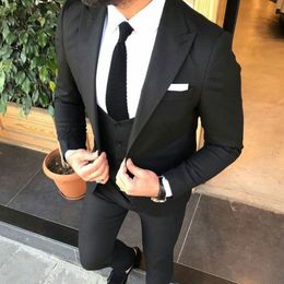 New Gentle Black Suits for Men Wedding Peaked Lapel Evening Party Groomsmen Attire Groom Tuxedo 3Piece Coat Pants Vest Slim Fit trajes de hombre