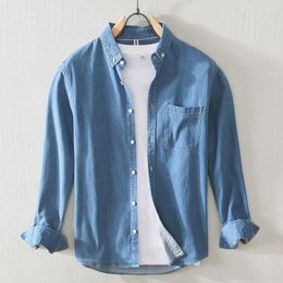 Men's Casual Shirts 2023 Denim Shirt Men's Cotton Long Sleeve Single-breasted Loose Solid Color Blue