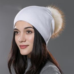 Autumn winter beanies hat unisex knitted wool Skullies casual cap with real raccoon fox fur pompom solid Colours ski gorros cap323b