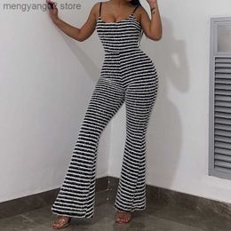 Women's Jumpsuits Rompers Echoine Sleeveless Strap Striped Knit Jumpsuit Sexy Women Backless Rompers Street Flare Pants Jumpsuit Y2K Club Skinny Outfits T230504