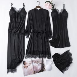 Women's Sleepwear Black 5PCS Lace Satin Robe Gown Sets Sexy Womens Nighty Bathrobe Nightgown Sleep Suit Spring Sleepwear Home Kimono Pyjamas 230503
