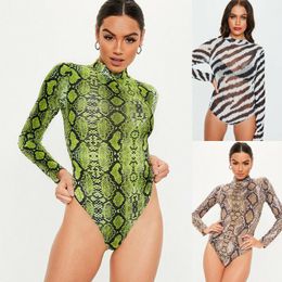 Women's Jumpsuits & Rompers Women Snake Skin Print Bodycon Bodysuit Long Sleeve High Neck Leotard Top Zebra Pattern Turtleneck Large Size S-