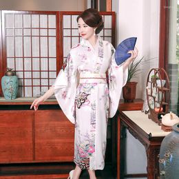 Ethnic Clothing Women Costumes With Obi Print Flower Haori Bathrobe Satin Cosplay Dressing Gown Kimono Yukata Stage Performance Clothes