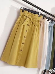 Skirts Summer Autumn Skirts Womens Midi Knee Length Korean Elegant Button High Waist Skirt Female Pleated School Skirt 230504