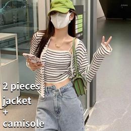 Work Dresses Camisole Sets Women Classic Striped Simple Daily Sun-proof Casual Summer Jackets Slim Sexy Korean Style Crop Ladies Design Chic