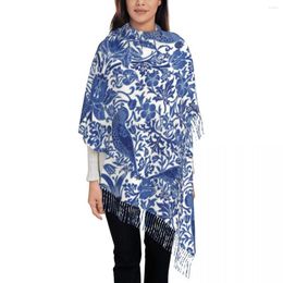 Scarves Porcelain Blue Oriental Bird Pattern Tassel Scarf Women Soft Chinoiserie Shawl Wrap Lady Winter