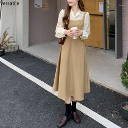 Casual Dresses Spring Patchwork Vintage Dress Women High Waist Princess Elegant Midi Female Long Sleeve Party Sweet Korean Clothes