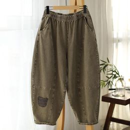 Calças de brim retro femininas calças de algodão denim bolsos cintura elástica 2023 primavera outono casual solto harem moda jeans feminino yoyikamomo