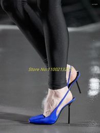 Dress Shoes Back Strap Blue Sation Pumps Stiletto High Heel Square Toe Slingback Runway Spring Women Thin