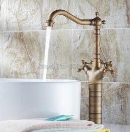 Kitchen Faucets 360 Swivel Spout Dual Handles Mixer Tap /Antique Brass Single Hole Deck Mounted Vessel Sink Wsf081