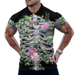 Men's Polos Skeleton Pink Roses Polo Shirts Anatomy Ribcage Flowers Print Casual Shirt Day Y2K T-Shirts Short-Sleeve Graphic Oversize Tops