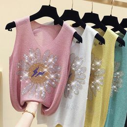 Tops Summer Tank Hollow Out Cool Diamond Vests Women Top Fashion Sleeveless Casual Thin Tops Pink Green Knit Tee Shirt Femme 2021