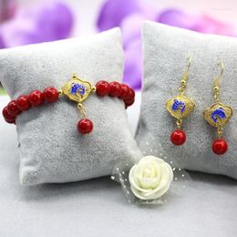 Necklace Earrings Set Exquisite Artificial Coral Red 8mm Round Beads Bracelet For Women Unique Diy Cloisonne Jewellery 7.5inch B3030