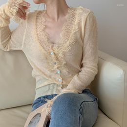 Women's Knits Thin Knitted Sweater Women Cardigan Lace Patchwork 2023 Spring Slim Stretch Cropped Tops Sexy V-neck Elegant Soft Mohair