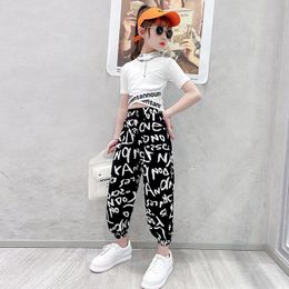 Clothing Sets Baby Girls Clothes Summer Outfits Letter Printed Slim Short T shirts Loose Sweat pants 5 6 7 8 9 10 11 12 13 Years Children sets 230504