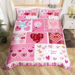 Bedding Sets Romantic Valentines Duvet Cover King Kawaii Love Heart Theme Set Patchwork Geometric Comforter Red Gnome Bed