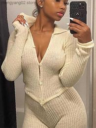 Women's Jumpsuits Rompers Autumn Yarn Farbic Women Patchwork Jumpsuits Long Sleeve Single Breasted One Piece Playsuits Female Matching Outfits T230504