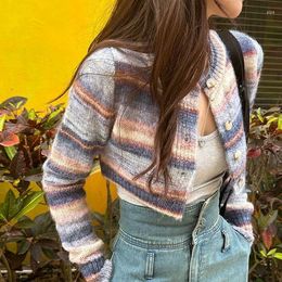 Women's Polos Striped Short Knitted Cardigan Female Spring And Autumn Gentle Soft Waxy Retro Sweater Coat Slimming Design Sense Top