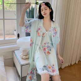 Women's Sleepwear Casual Satin Floral Print Nightgown Women Rayon 2PCS Robe Gown Set Sexy Kimono Lace Bathrobe Night Dress