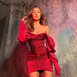 Casual Dresses Chicology Off Shoulder Long Sleeve Elegant Lady Mini Dress Autumn Winter Party Club Bodycon Christmas Birthday Sexy Clothes 230504