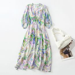 2023 Summer Blue Striped Print Panelled Silk Dress 3/4 Sleeve V-Neck Buttons Midi Casual Dresses C3A250175