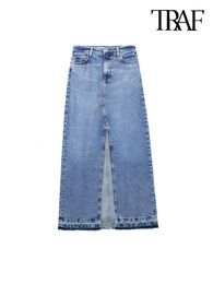 Skirts TRAF Women Fashion With Pockets Front Slit Denim Midi Skirt Vintage High Waist Zipper Fly Female Mujer 230503