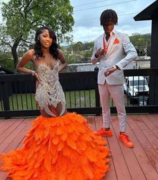 Elegant Orange Feathers Mermaid Prom Dresses Black Girls For African Women Sheer Neck Plus Size Formal Evening Ocn Gowns