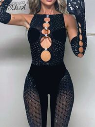 Women's Jumpsuits Rompers FSDA Hollow Out Long Sleeve Black Jumpsuit Sexy Women Mesh See Through Sleeveless 2022 Summer Overalls Party Club T230504