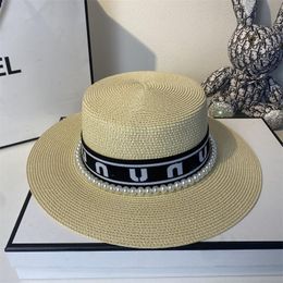 Ribbon Pearl Flat-Top Cap Affordable Fashion Wind Vintage Top Hat Outdoor Travel Sun Protection Wide Brim Grass