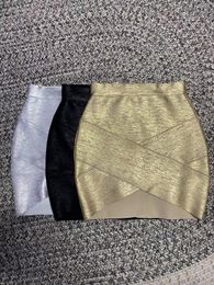 Skirts Top Quality Gold Silver Black Foil Color Women Sexy Bandage Bodycon Mini SKirt Nightclub Party Celebrate Wear 230503